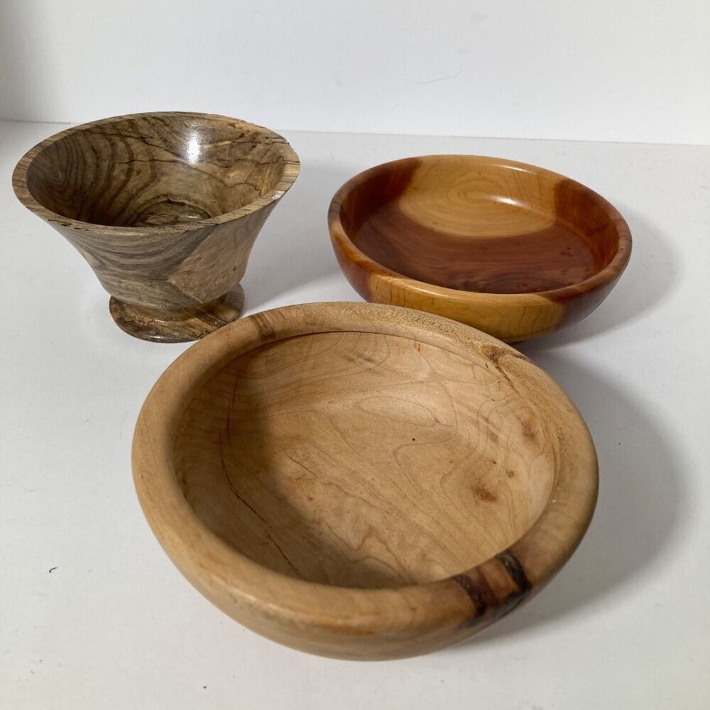3 Handmade Wood Bowls Spalted Sugarberry Cedar Maple 5 -‎ 6" Signed Billy B
